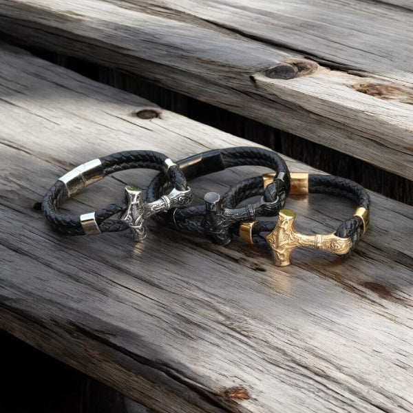 Armband „Mjölnir Asgard Knot“ Leder (Gold)