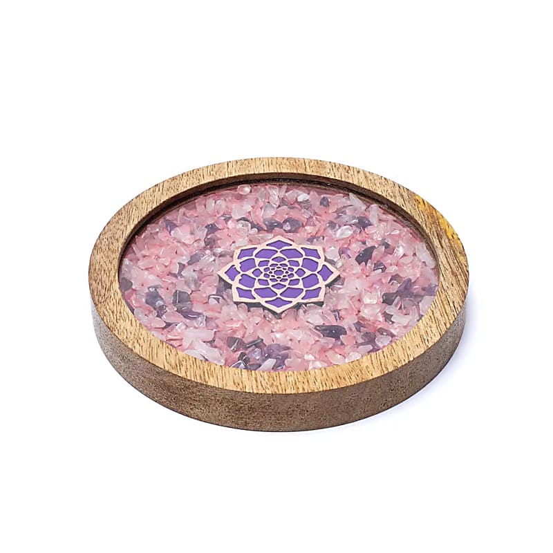 Wooden coaster lotus, Rose Quartz & Amethyst