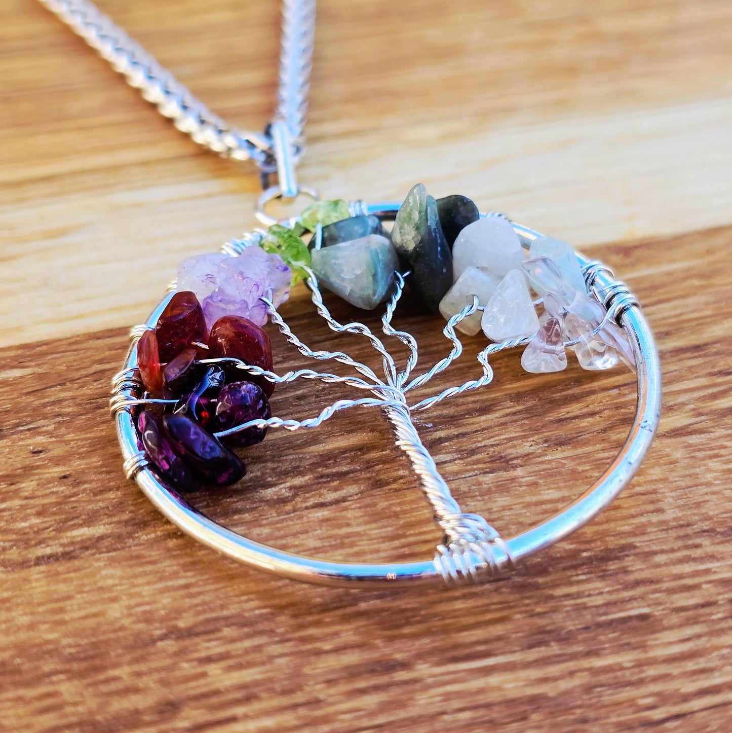 Ädelstenhalsband „Chakra-Livets träd“ Silver XL