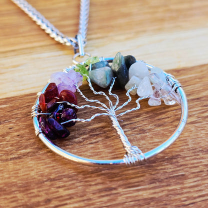 Ädelstenhalsband „Chakra-Livets träd“ Silver XL