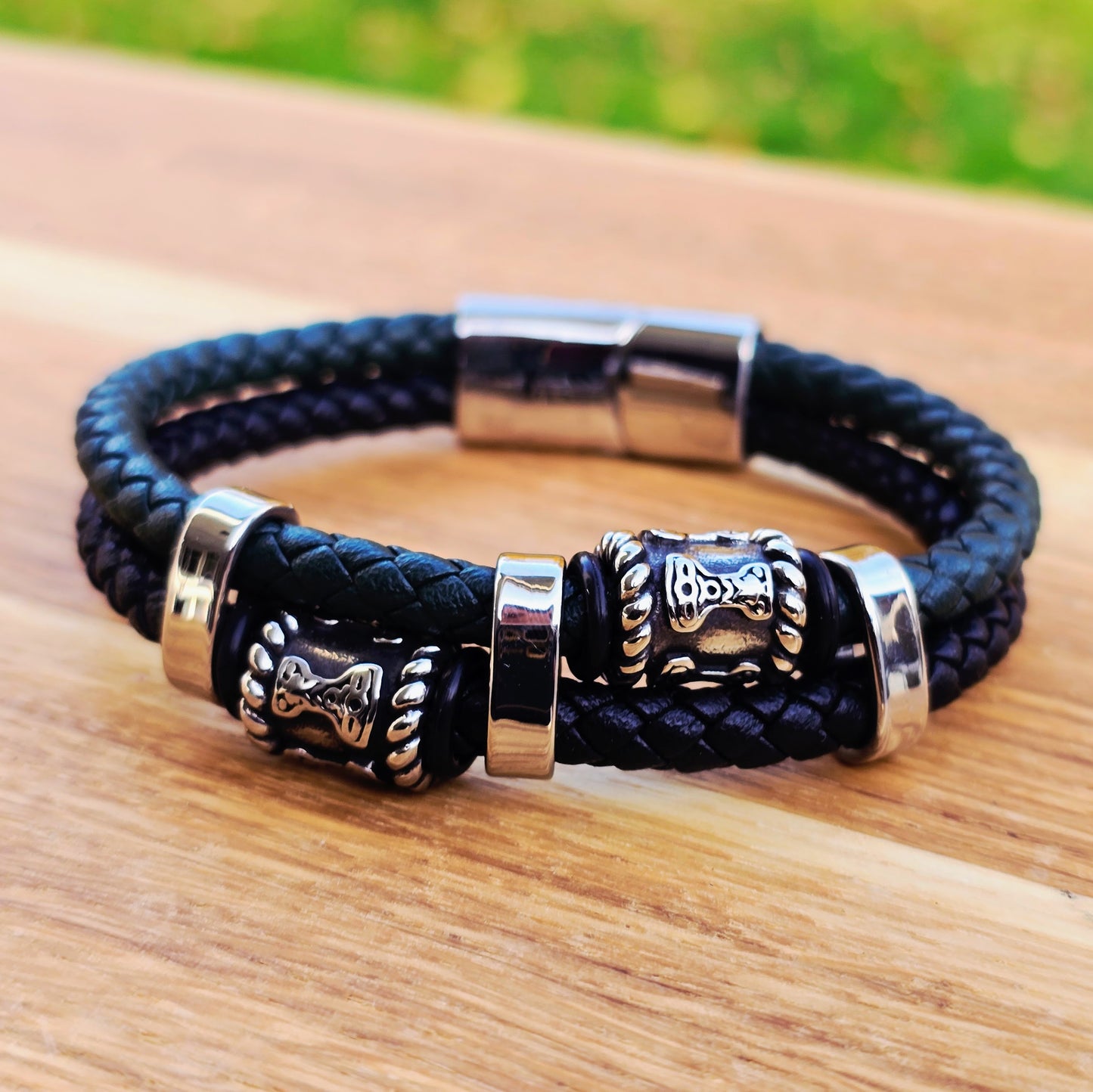 Mjölner Armband Leder schwarz / grün 