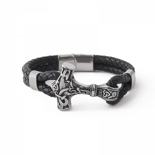 Armband „Mjölnir Asgard Knot“ Leder (Silber)