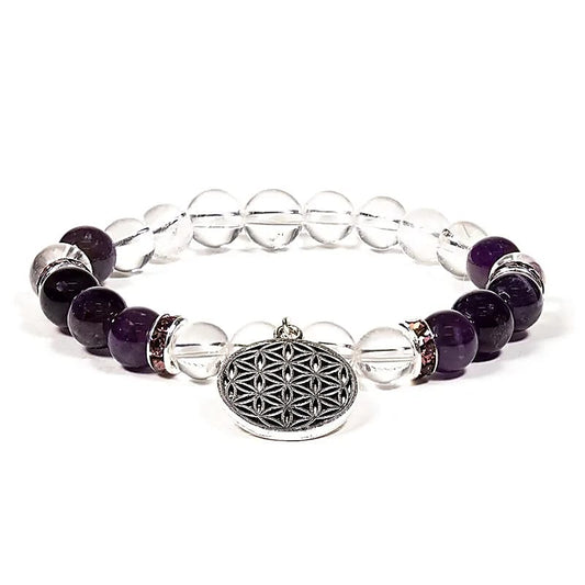 Armband „Bergkristall och Amethyst med Livets Blomma“ – Harmoni och energi i ett smycke