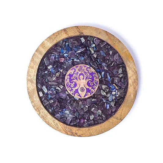 Wooden Coaster Goddess with Amethyst &amp; Lapis Lazuli