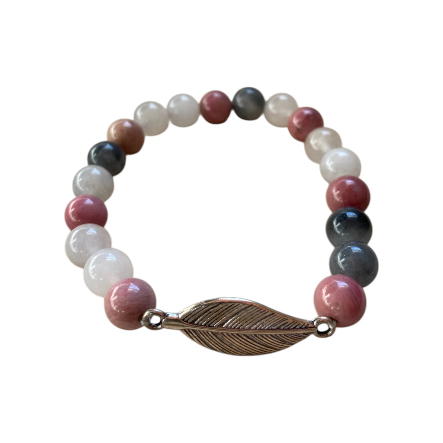 Armband / Mala - Rhodonit & Grå Kvarts med fjäder