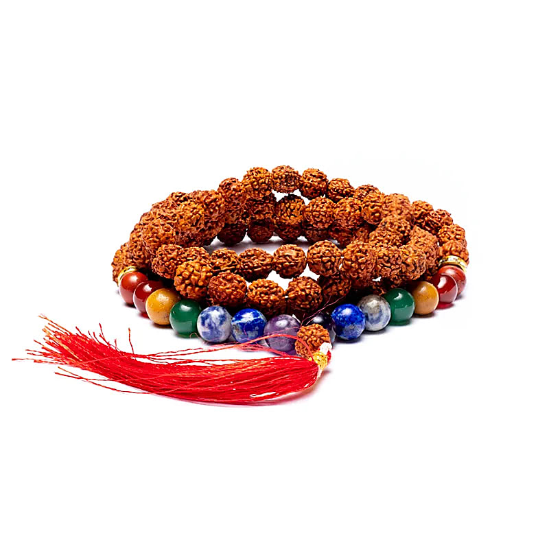 Mala Chakra Rudraksha 108 Pärlor - Med 7 Chakra-Ädelstenar