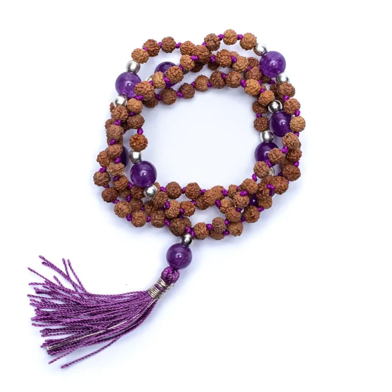 Mala Rudraksha und Ametist mit lila Quaste