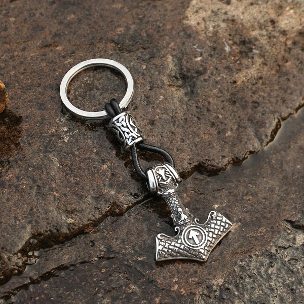 Mjölner Valknut Keyring – Silver Edition Rostfritt Stål & Äkta Läder / Silver